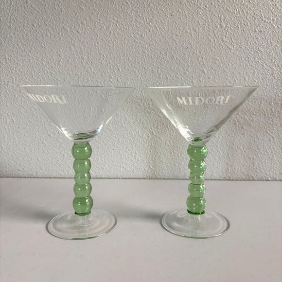 Midori Martini Glass Set of 2 Glasses Green Bubble Stem Melonball Logo - Picture 1 of 8